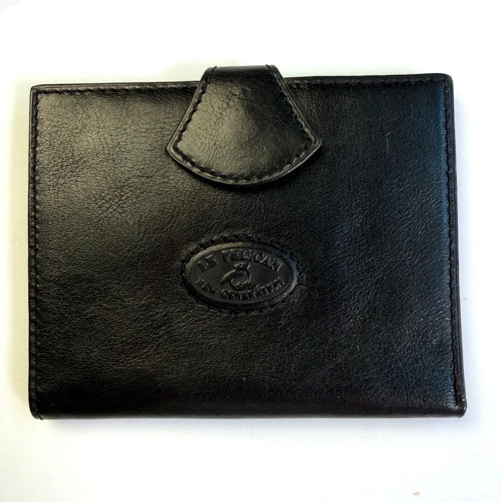 Le Pelican New Generation Black Leather Bi-Fold Wallet Snap Tab Card Case Vtg